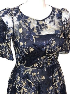 Eliza J Navy & Gold Floral Lace Midi Dress